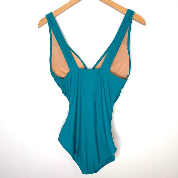 J. Crew Ruched V Neck One Piece Swimsuit In Teal Blue Green Size 8 Long Torso - Picture 6 of 10
